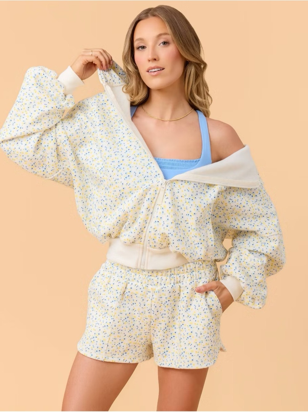 Blogilates Marshmallow Full Zip Hooded Sweatshirt, White Floral, Sz XL, NWT